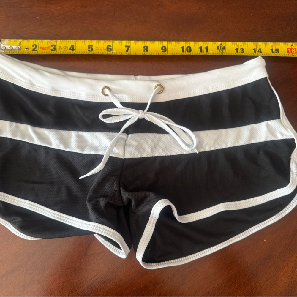 Black and White Striped Swim Shorts